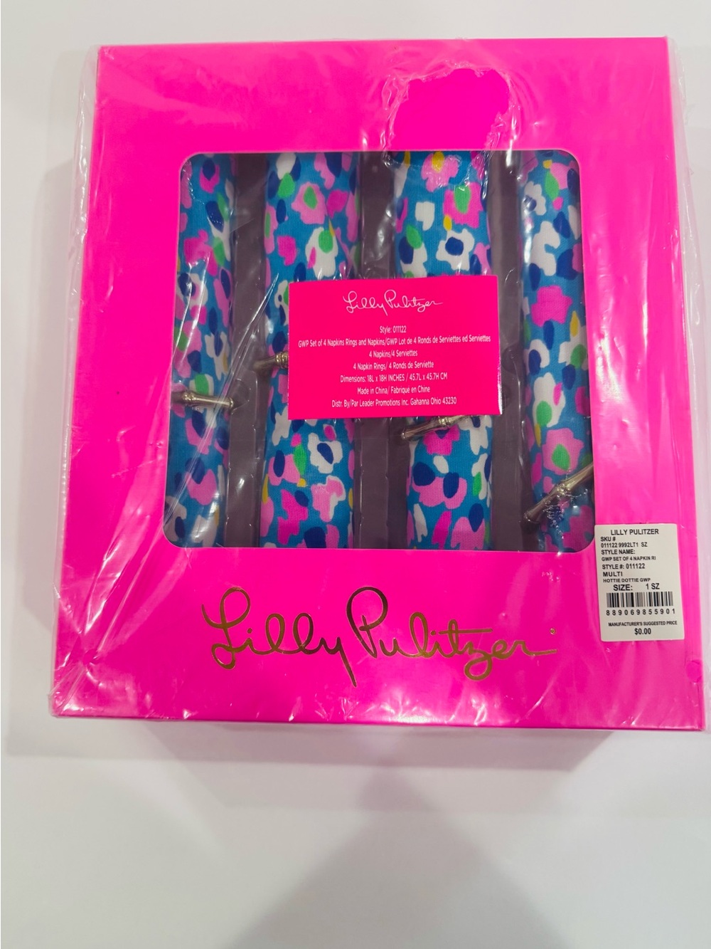 New In Box Lilly Pulitzer Hottie Dottie Napkin & Ring Set of 4